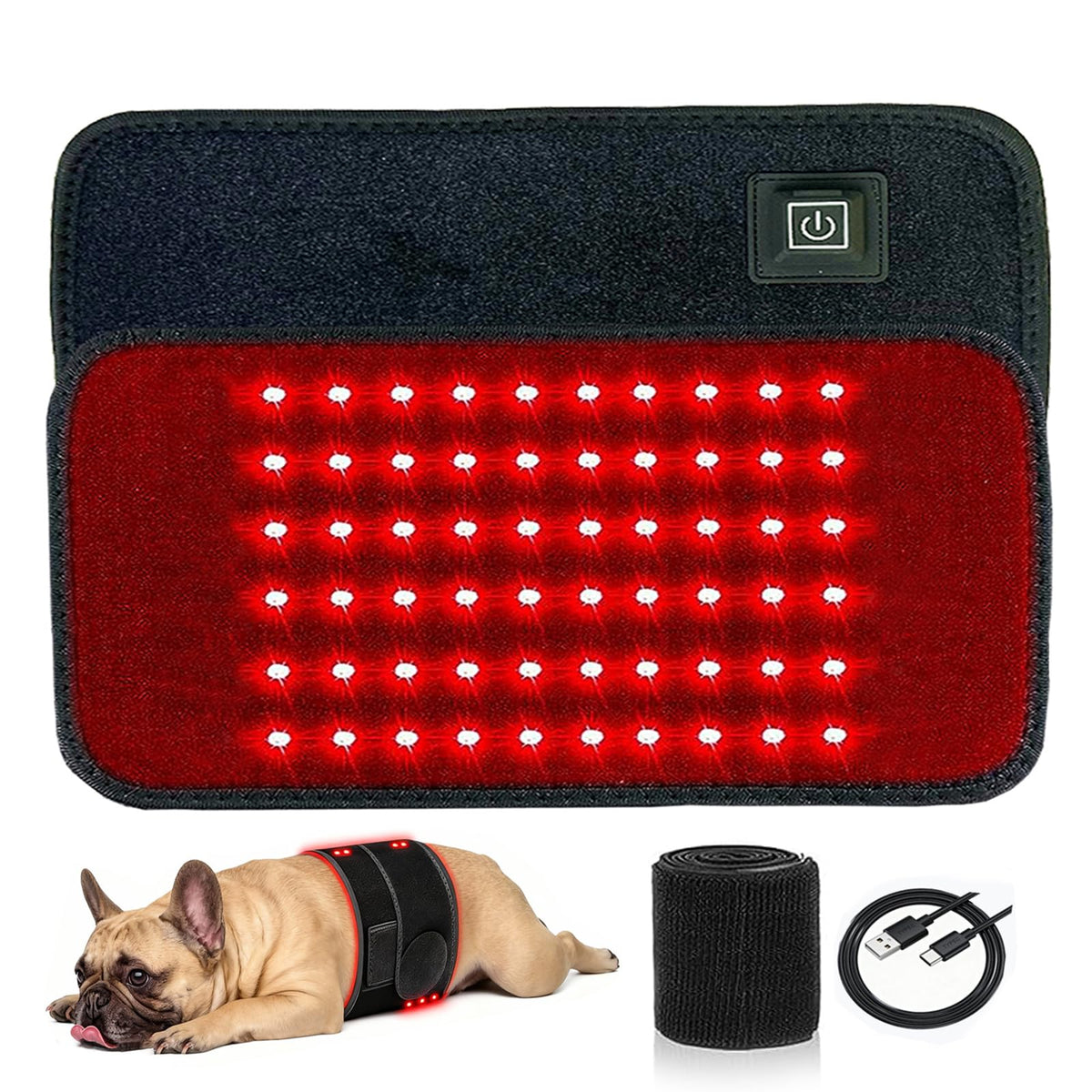 Luma Pet Care red light therapy belt on a dog's torso for targeted relief.