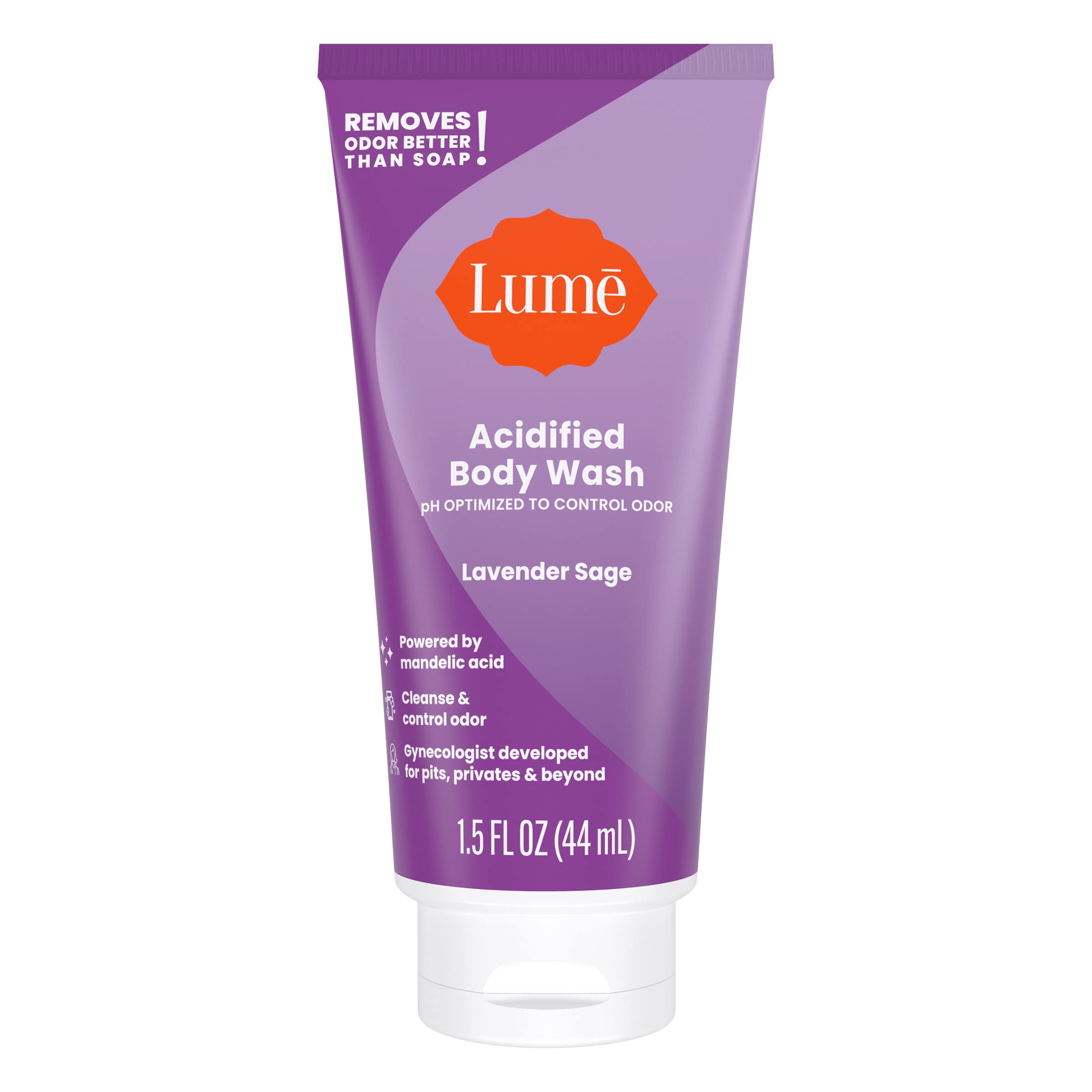 Lume Acidified Body Wash Minis travel case shows compact, on-the-go odor control.