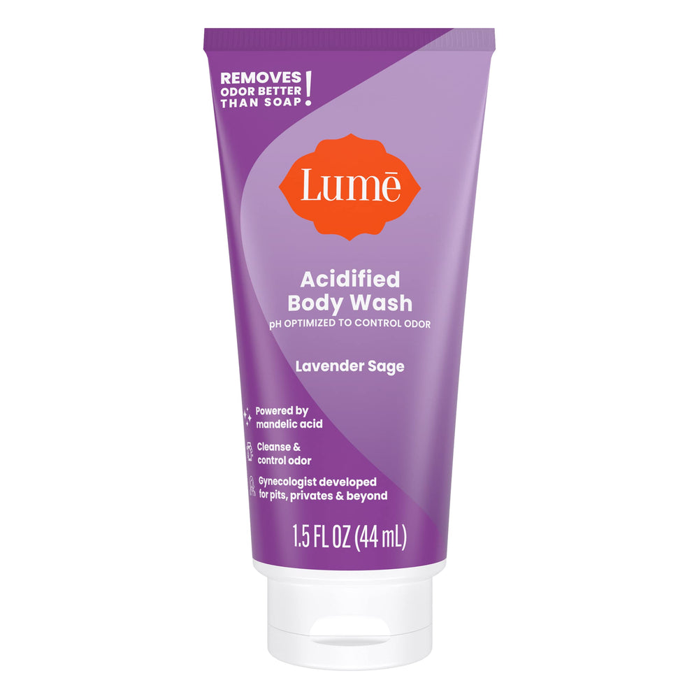 Lume Acidified Body Wash Minis travel case shows compact, on-the-go odor control.