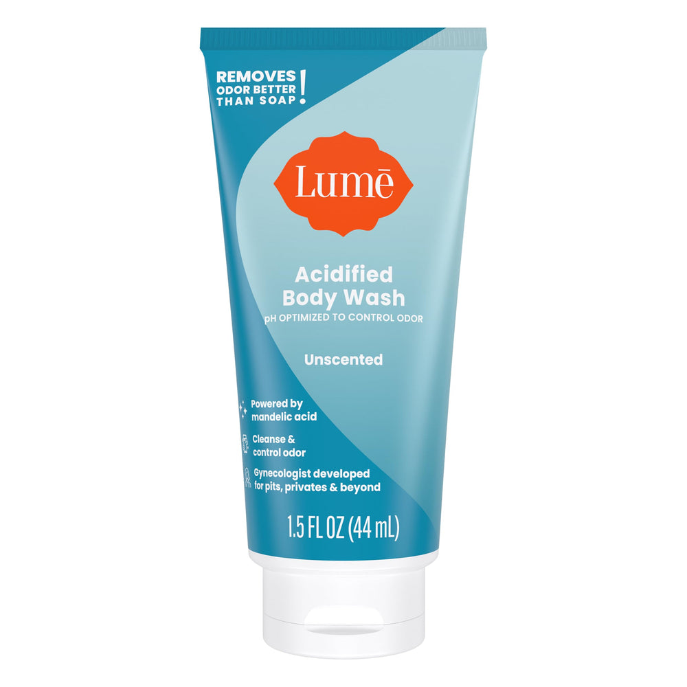 Lume Acidified Body Wash Minis Unscented tube for fragrance-free odor control and gentle cleansing.