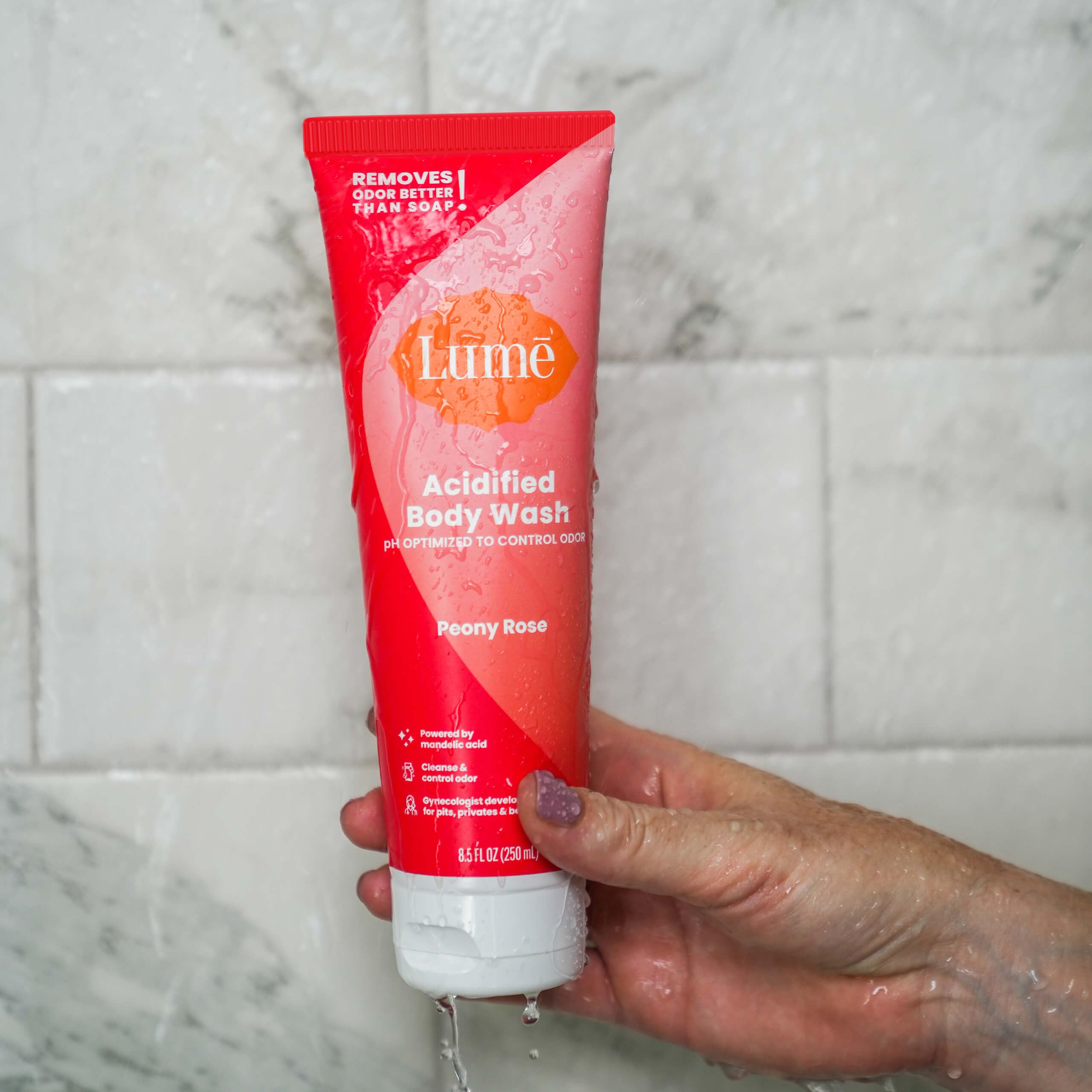 Lume Acidified Body Wash close-up highlights 24-hour odor control potential.