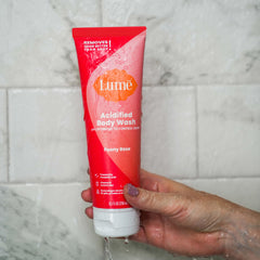 Lume Acidified Body Wash close-up highlights 24-hour odor control potential.