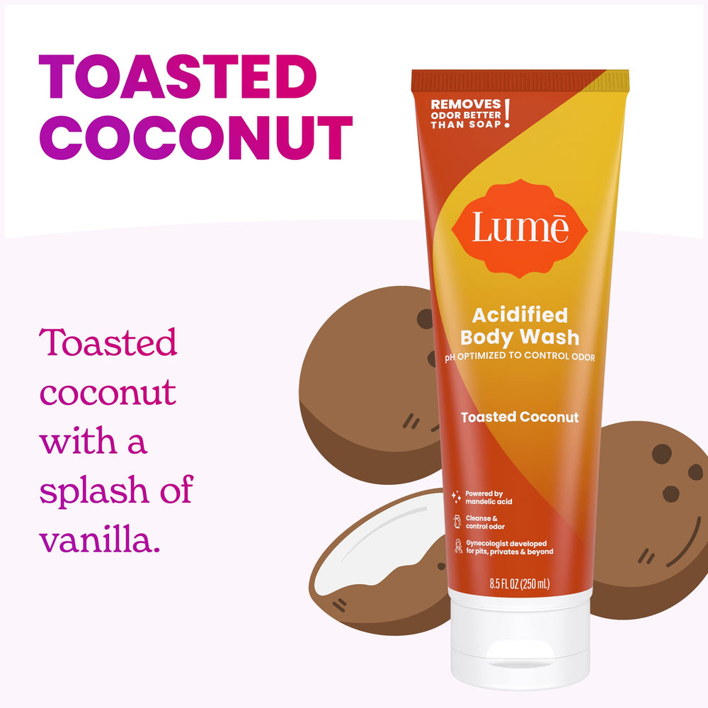 Lume acidified body wash pump dispensing close-up highlights convenient 2-pack.