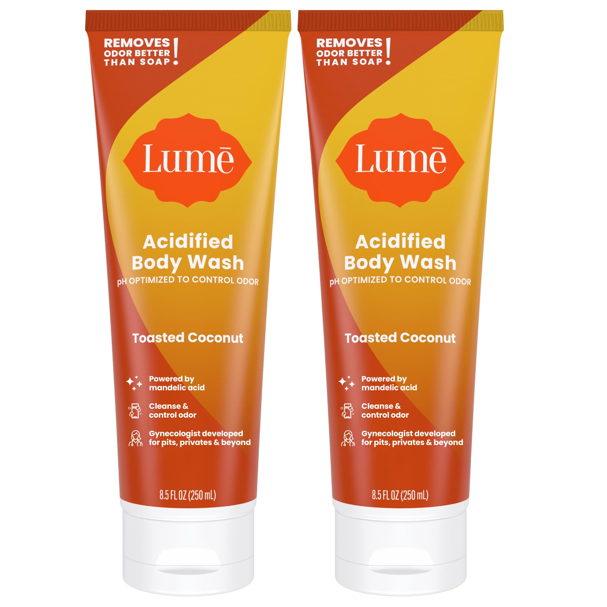 Lume acidified body wash bottle with toasted coconut scent boosts lasting freshness.