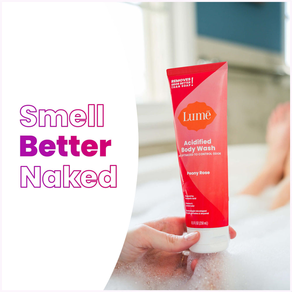 Lume Peony Rose packaging suggests moisturizing feel for comfortable skin.