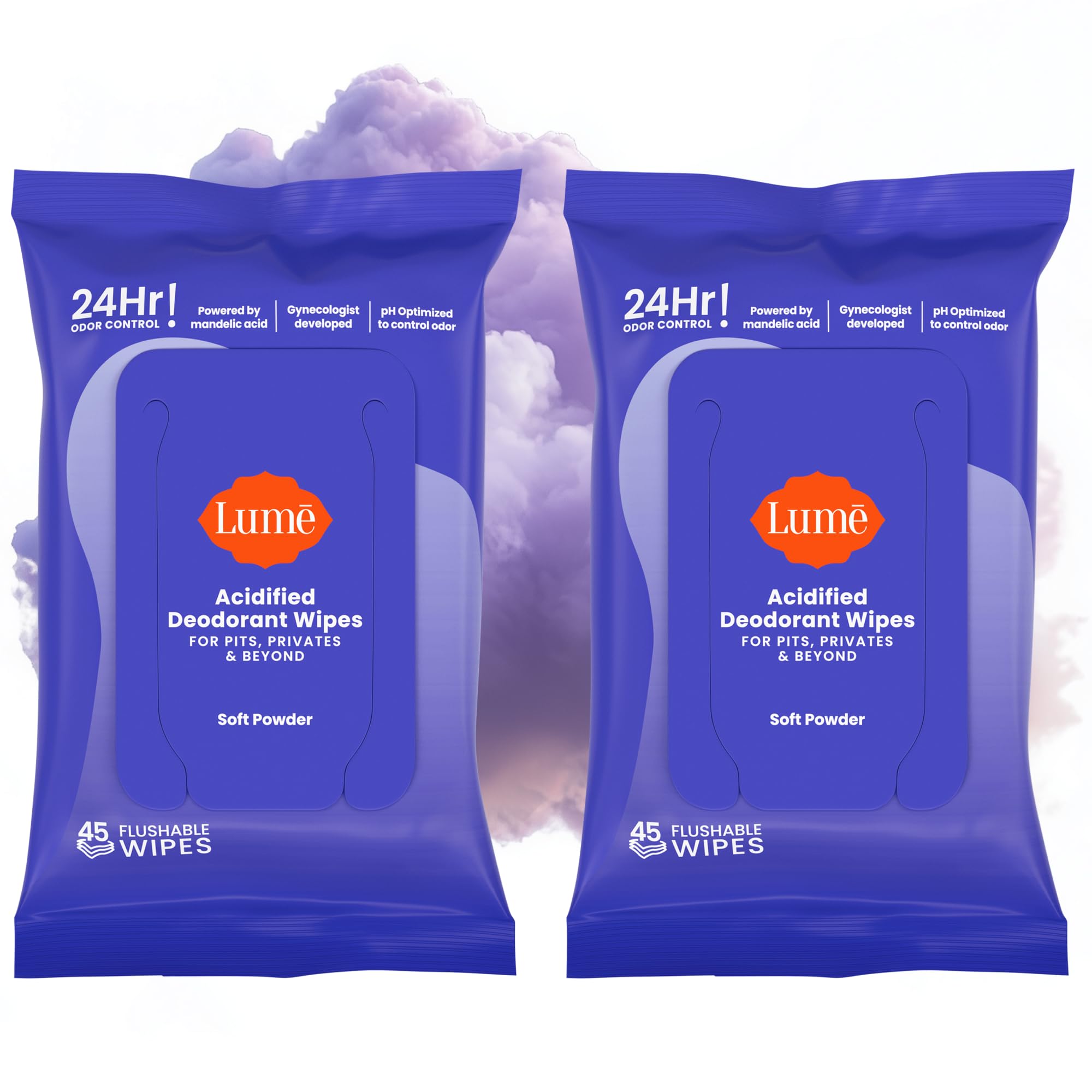 Lume Acidified Deodorant Wipes: soft powder towelettes for quick freshness on the go.