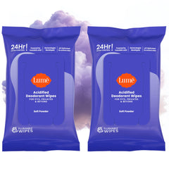 Lume Acidified Deodorant Wipes: soft powder towelettes for quick freshness on the go.