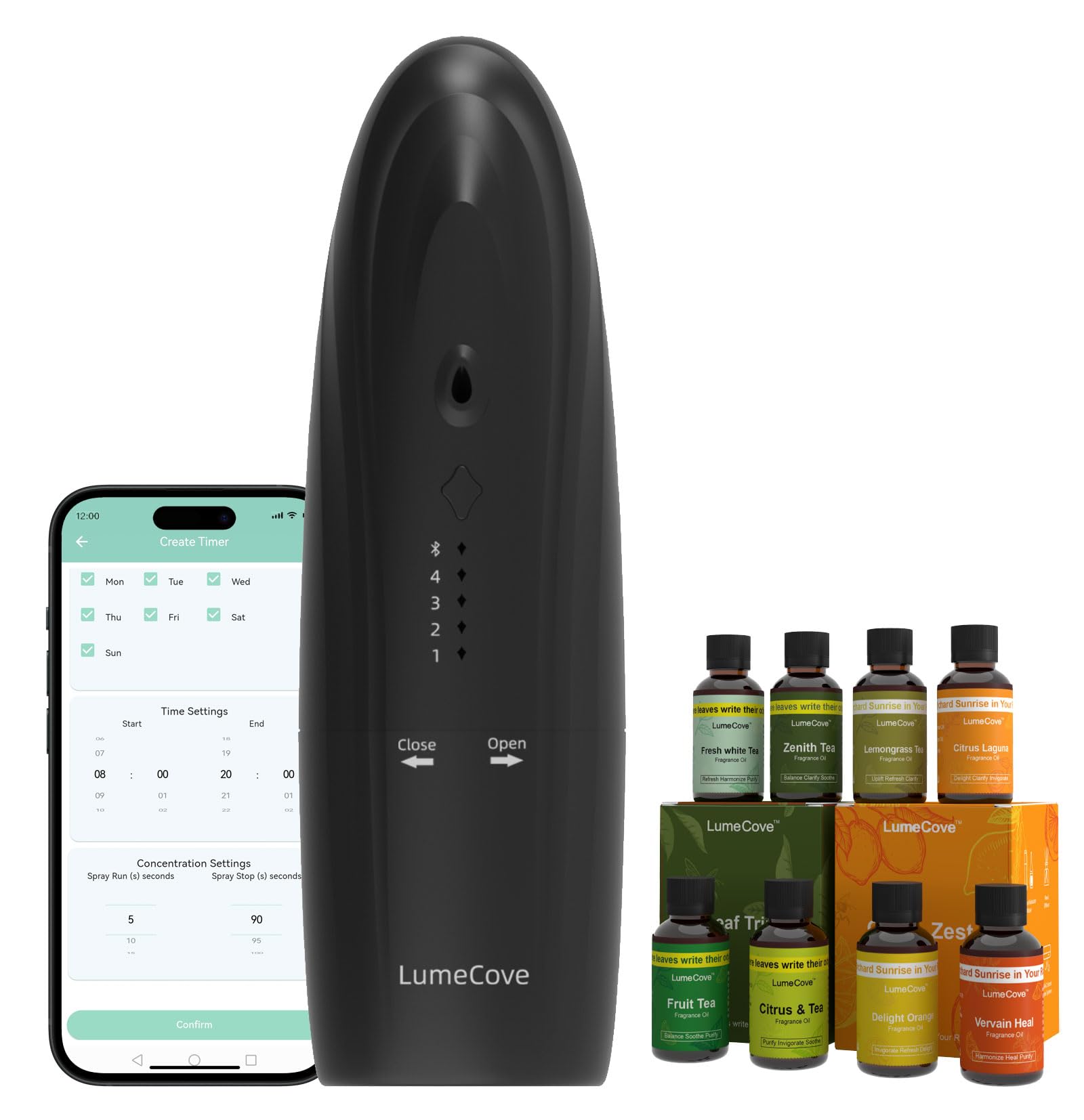LumeCove diffuser front view showing sleek design and quiet operation for living spaces