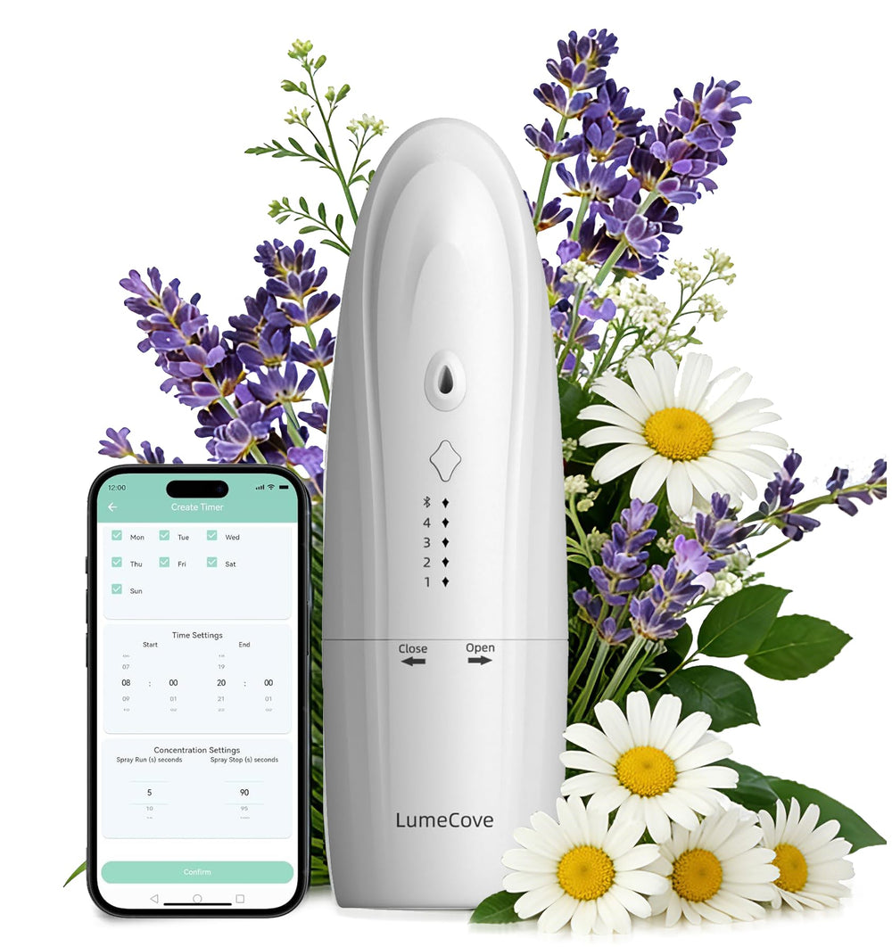 LumeCove waterless diffuser with Bluetooth app for large rooms delivers long-lasting fragrance.