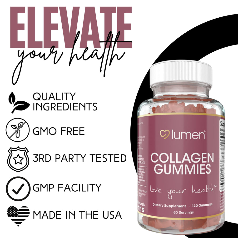 Lumen Naturals Collagen Gummies facility badge indicating GMP quality