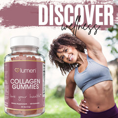 Lumen Naturals Collagen Gummies vitamins and minerals icons featuring Vitamin C, E, biotin, and zinc
