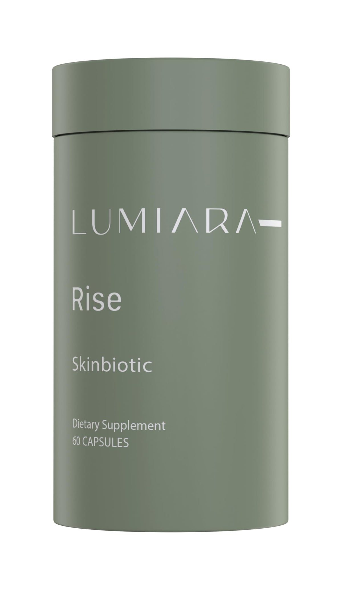 Lumiara Rise Skinbiotic bottle with capsules, supports daily gut-skin wellness