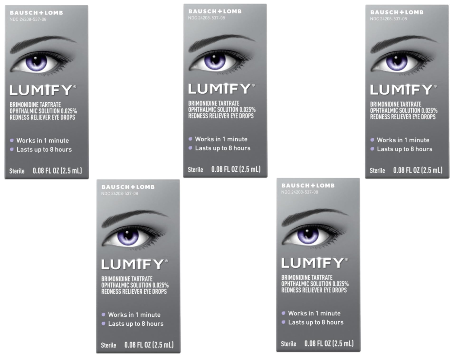 Lumify pack of five eye drops boxes for quick redness relief