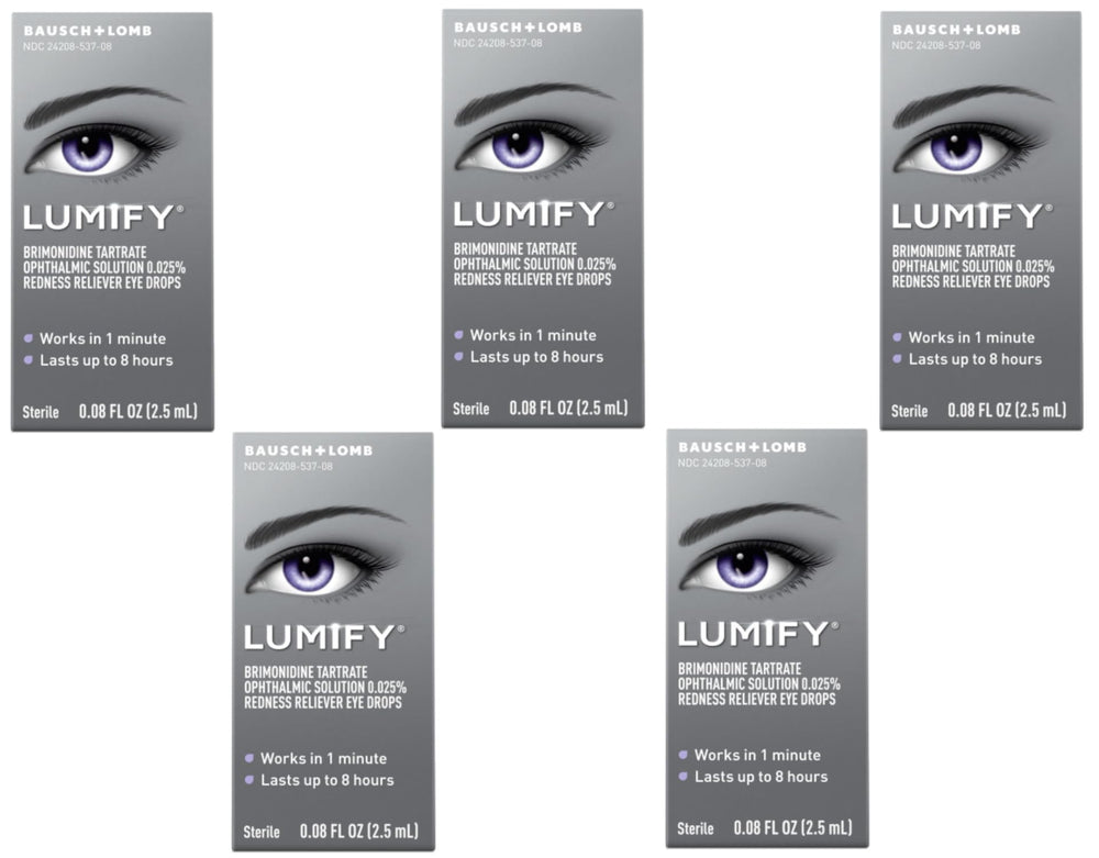 Lumify pack of five eye drops boxes for quick redness relief