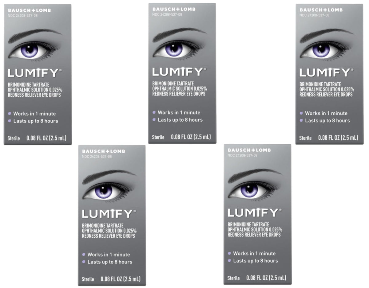 Lumify pack of five eye drops boxes for quick redness relief