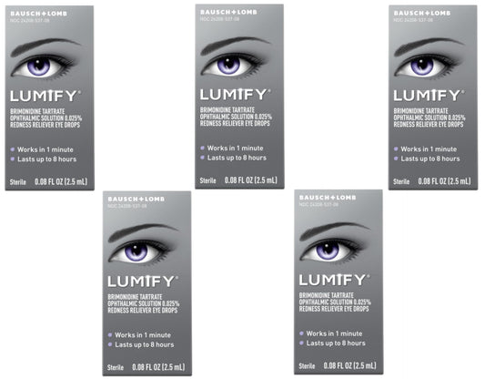 Lumify pack of five eye drops boxes for quick redness relief