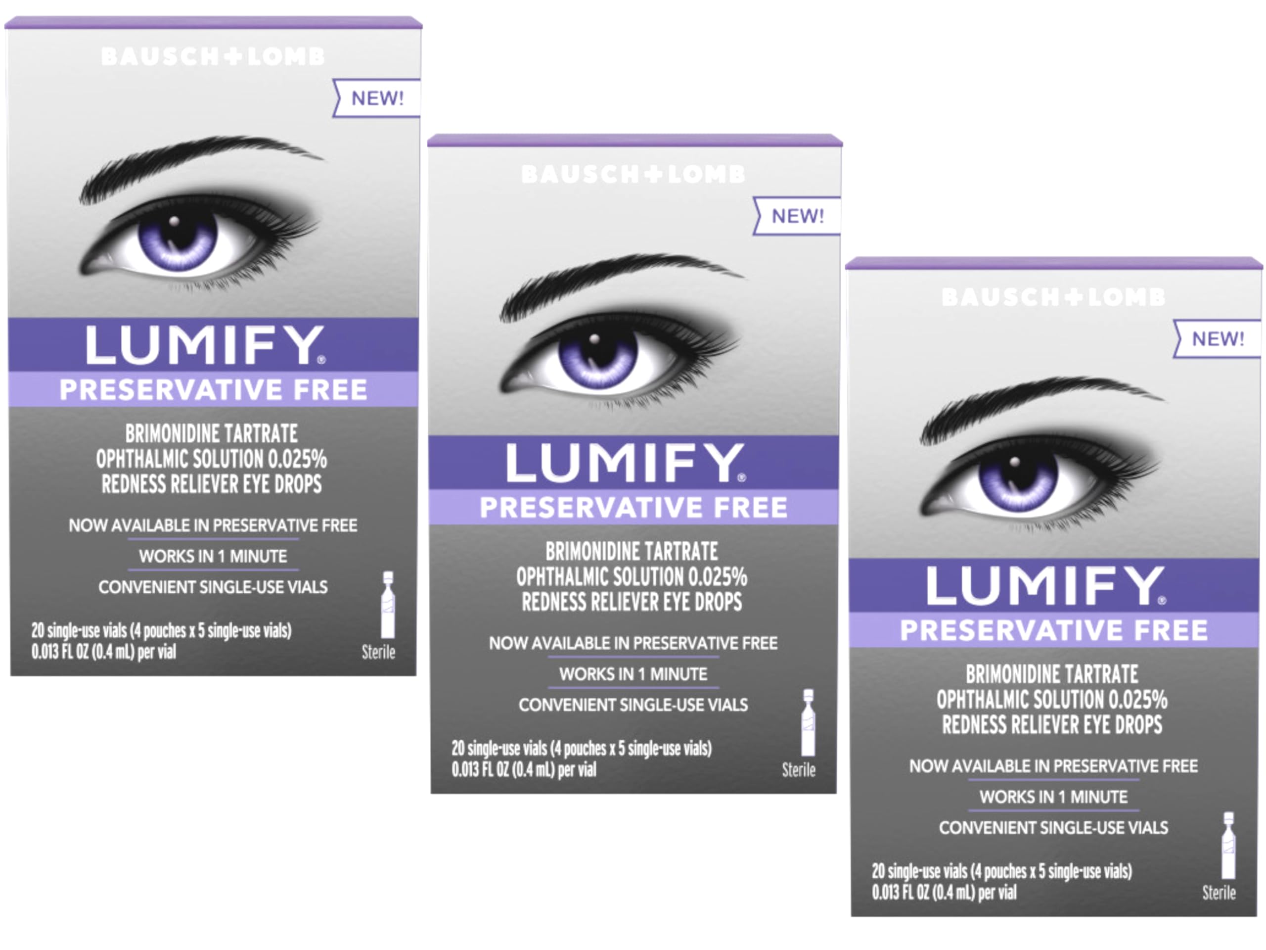 Lumify preservative-free eye drops bottle close-up for fast redness relief