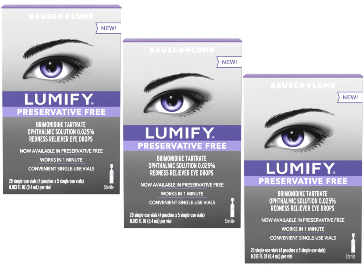 Lumify preservative-free eye drops bottle close-up for fast redness relief