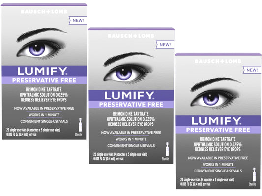 Lumify preservative-free eye drops bottle close-up for fast redness relief