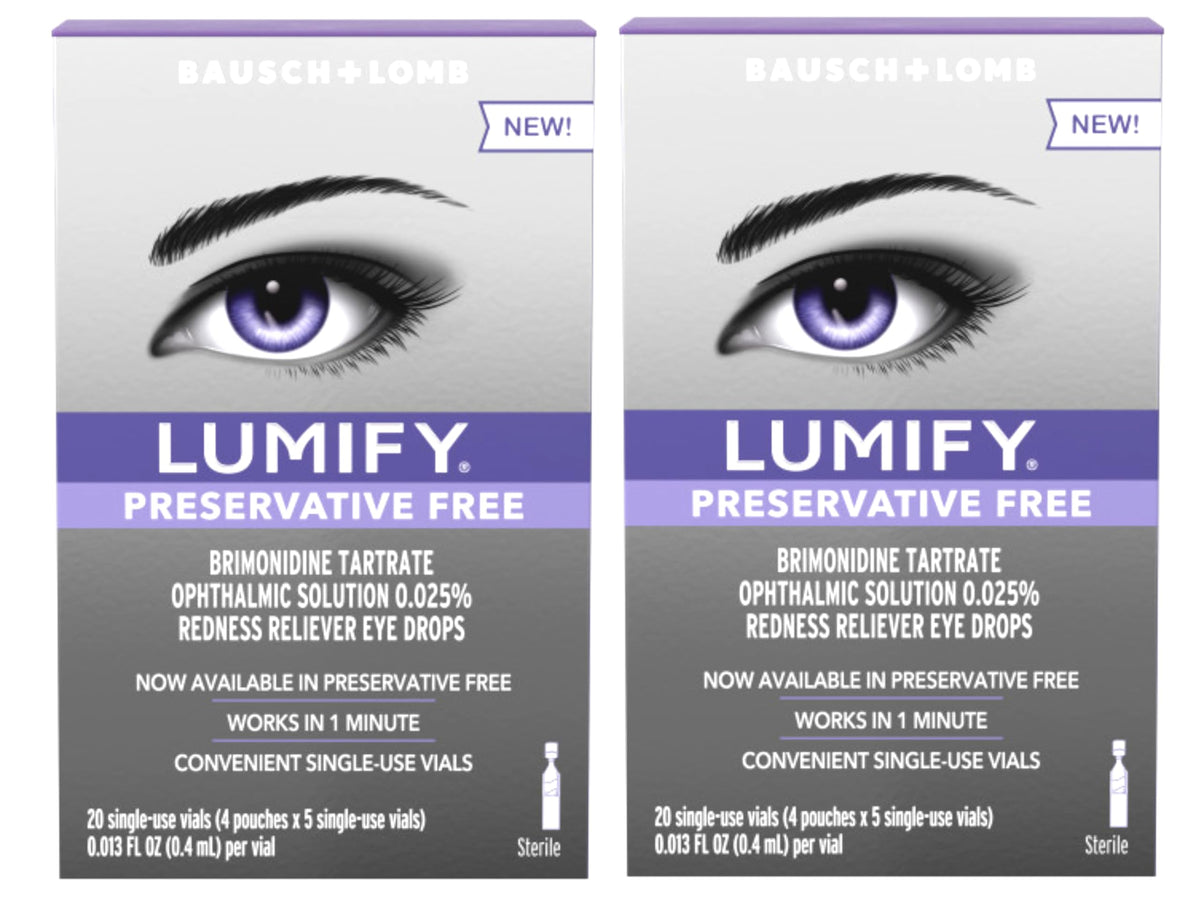 Lumify preservative-free eye drops bottle shows an easy-to-use design for redness relief.