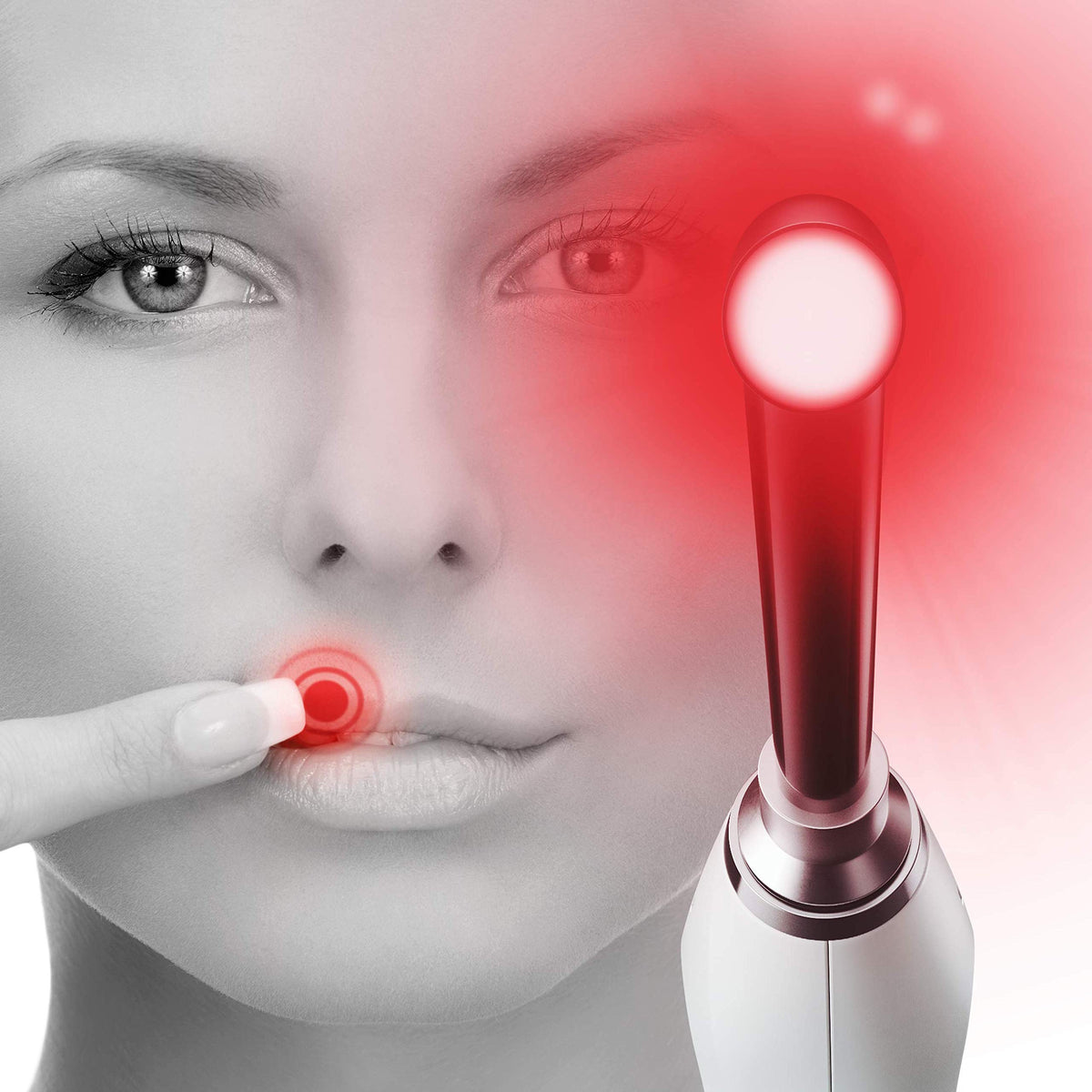 Luminance Red lip sore device front view, compact design for easy daily use.