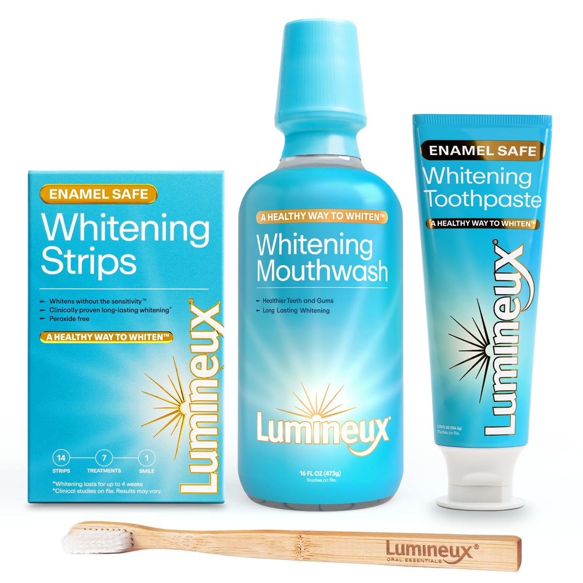 Lumineux teeth whitening kit strips showing stain-targeting technology for brighter smiles