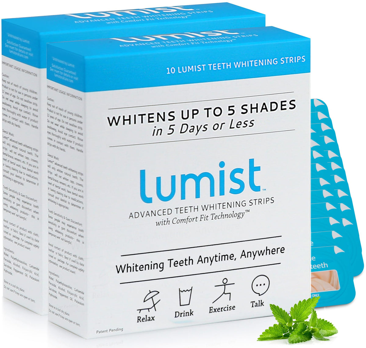 Lumist Advanced Teeth Whitening Strips front view showing convenience and five-treatment pack