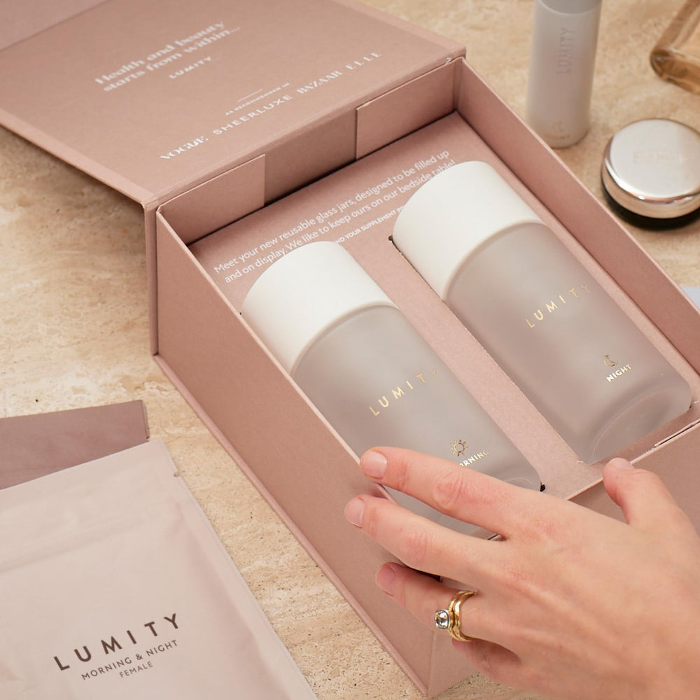 Lumity capsules close-up showing premium formula for skin and energy.