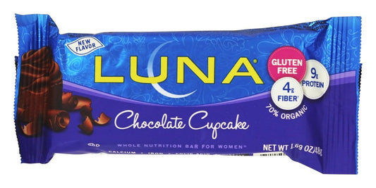 LUNA Bar Chocolate Cupcake bar closeup shows mouth-watering chocolate cake flavor.