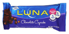 LUNA Bar Chocolate Cupcake packaging highlights gluten-free, plant-based snacking on the go.
