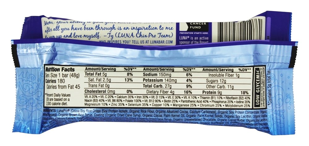 LUNA Bar Gluten-free ingredients panel spotlights clean, non-GMO nutrition.