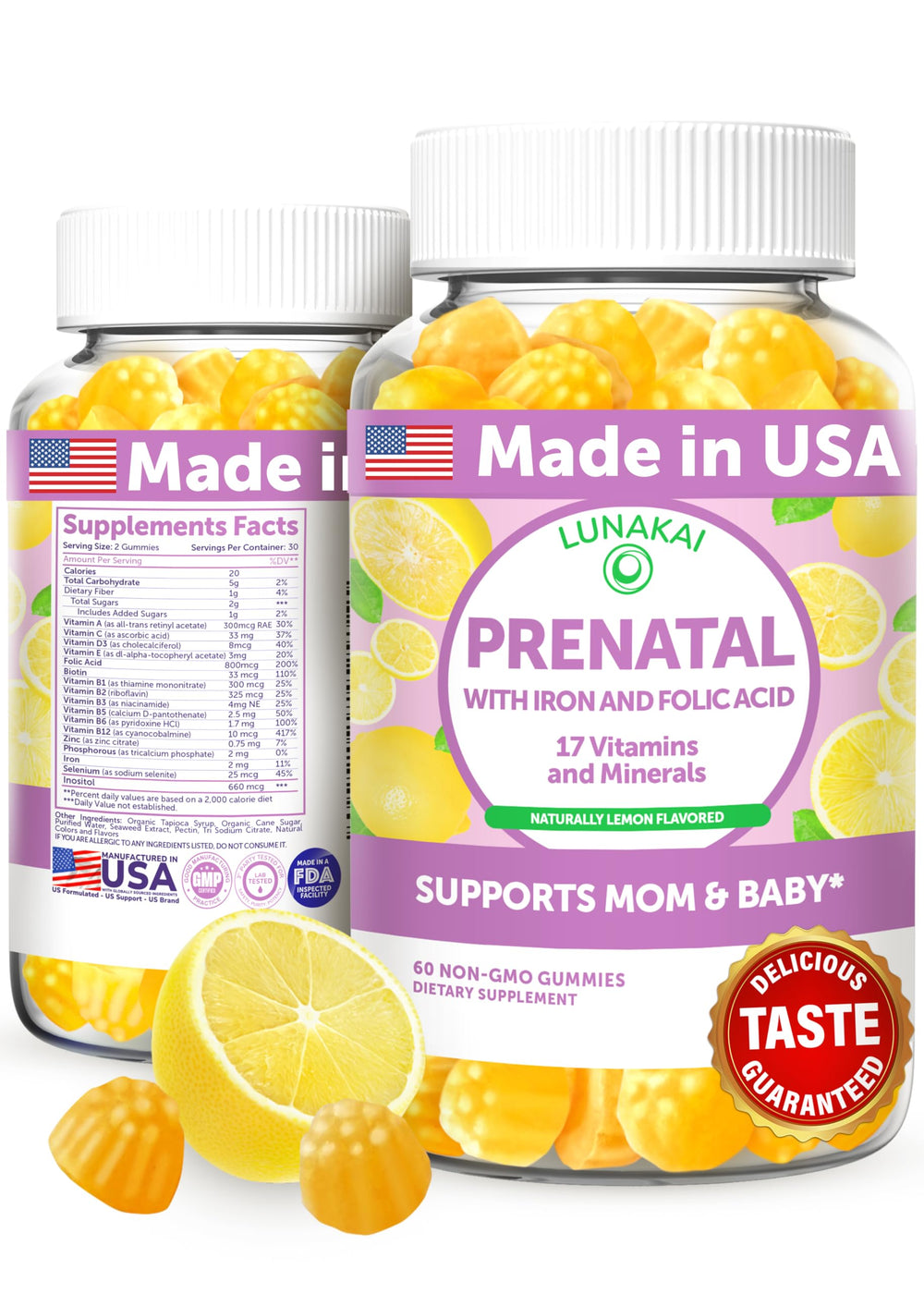 Lunakai 17-in-1 prenatal gummies lemon bottle for tasty daily support during pregnancy