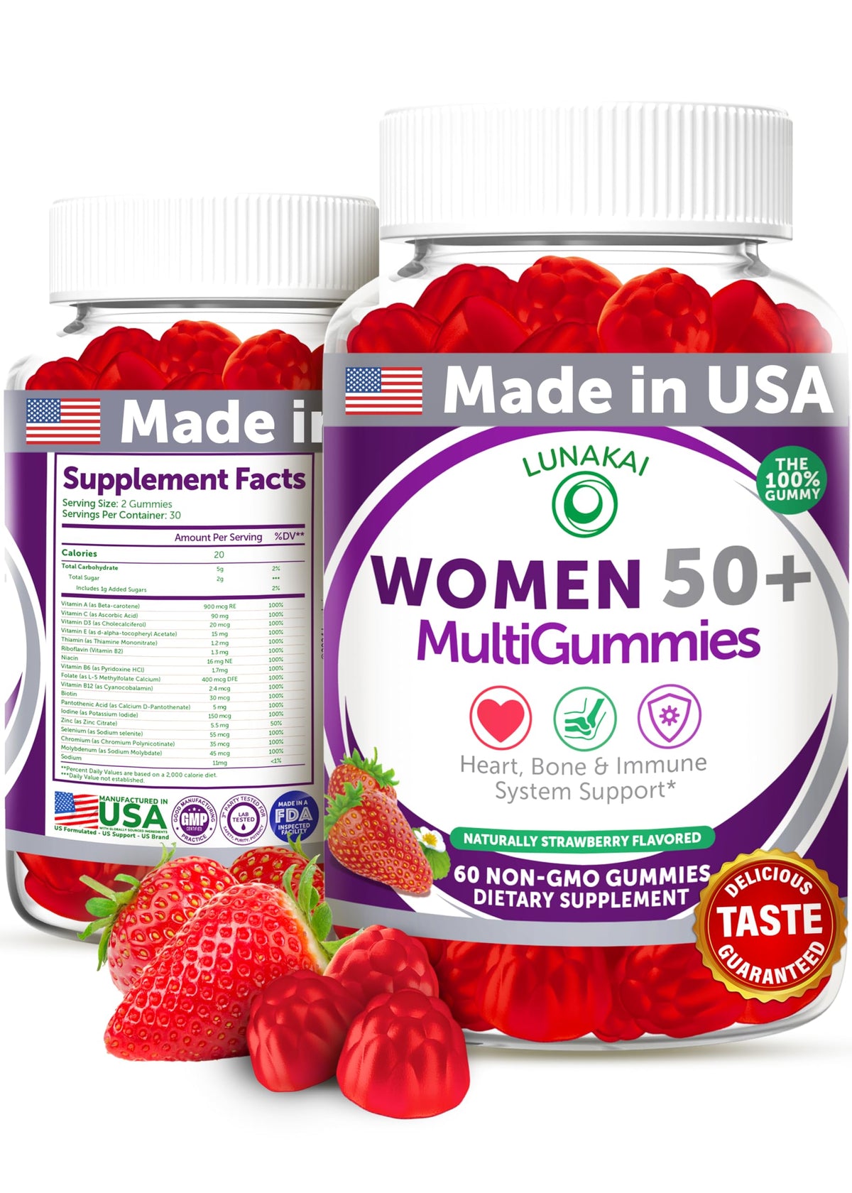 Lunakai 50+ multivitamin bottle front with strawberry gummies for daily energy.