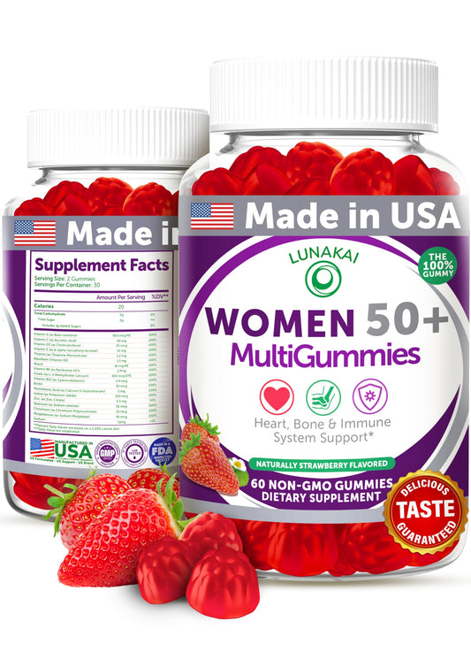 Lunakai 50+ multivitamin bottle front with strawberry gummies for daily energy.