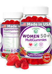 Lunakai 50+ multivitamin bottle front with strawberry gummies for daily energy.
