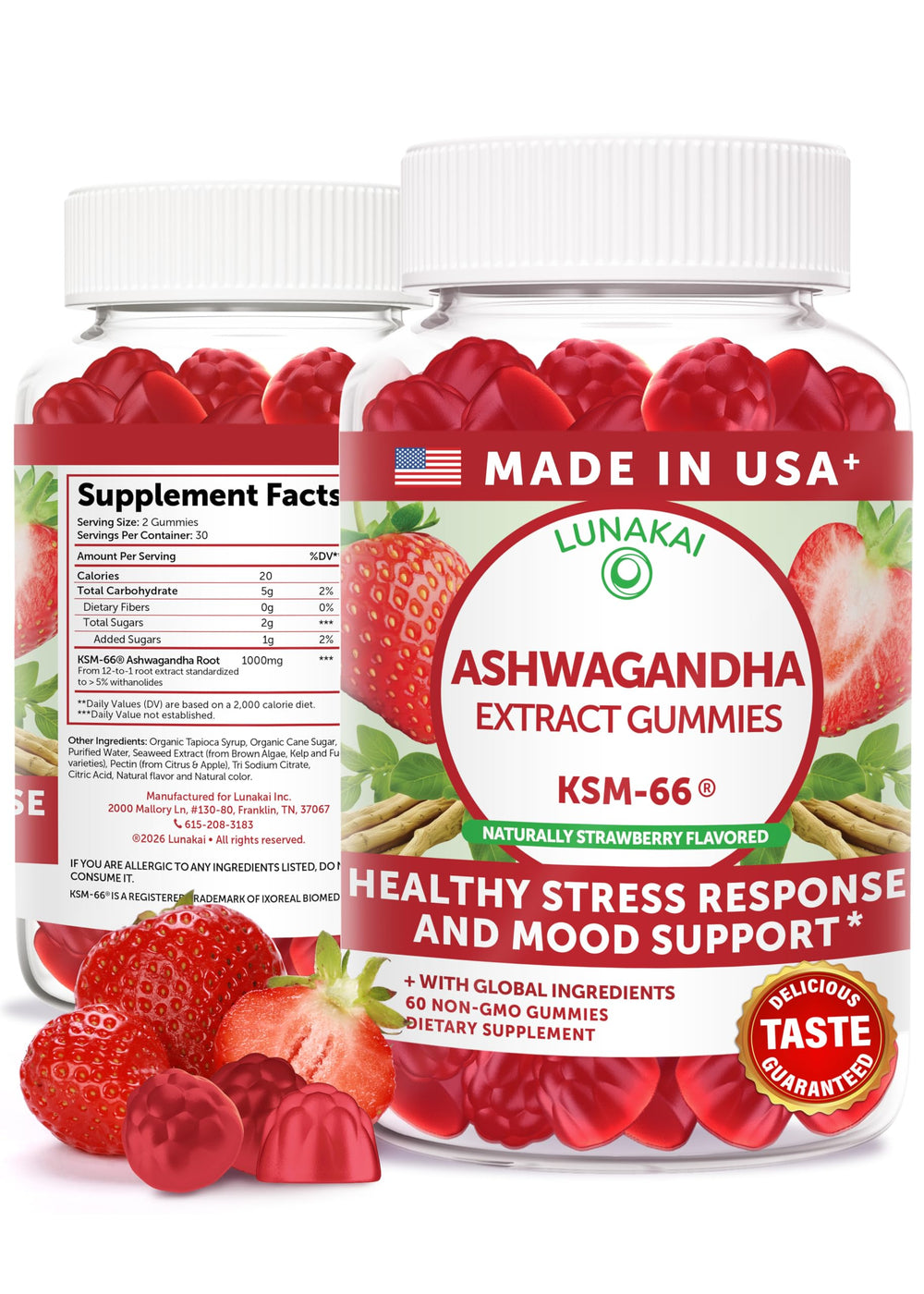 Lunakai Ashwagandha Gummies bottle front promoting daily stress support.