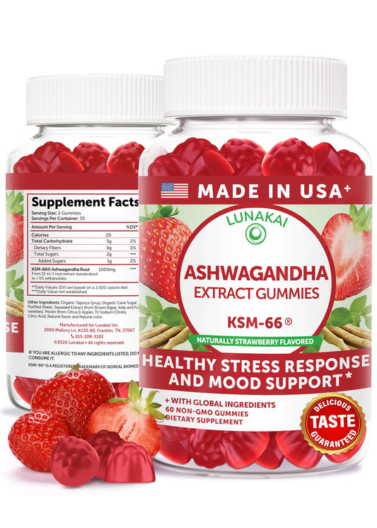 Lunakai Ashwagandha Gummies bottle front promoting daily stress support.