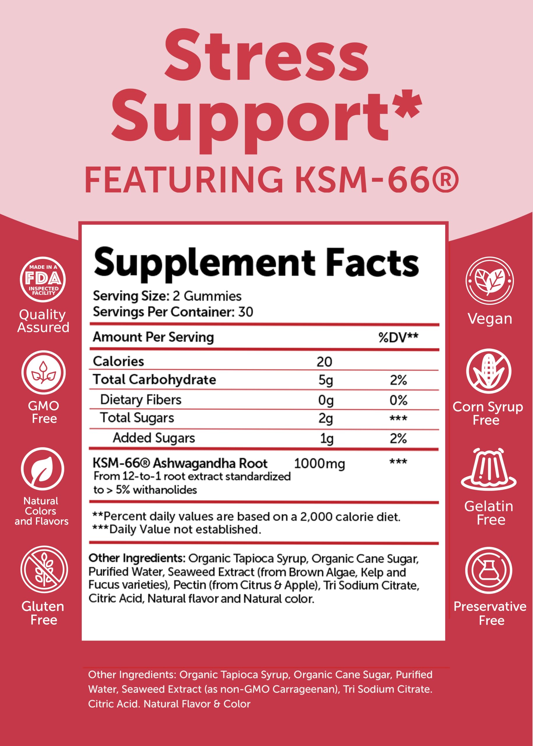 Lunakai Ashwagandha Gummies ingredients label emphasizes vegan, gluten-free formula.