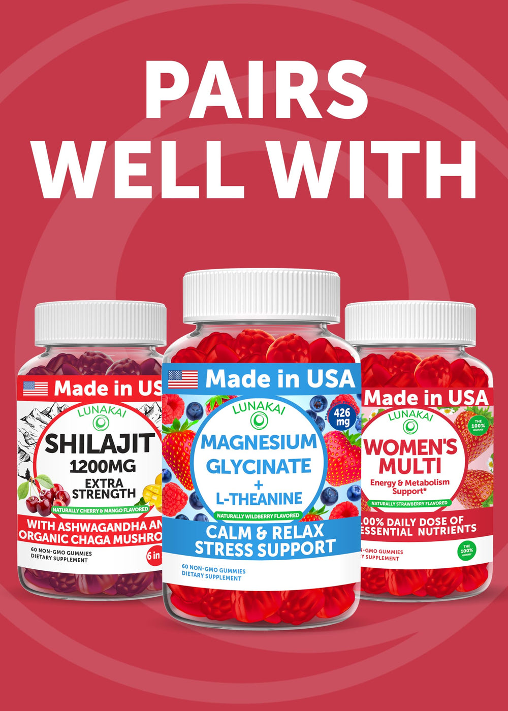Lunakai Ashwagandha Gummies packaging display suitable for pantry or bag.