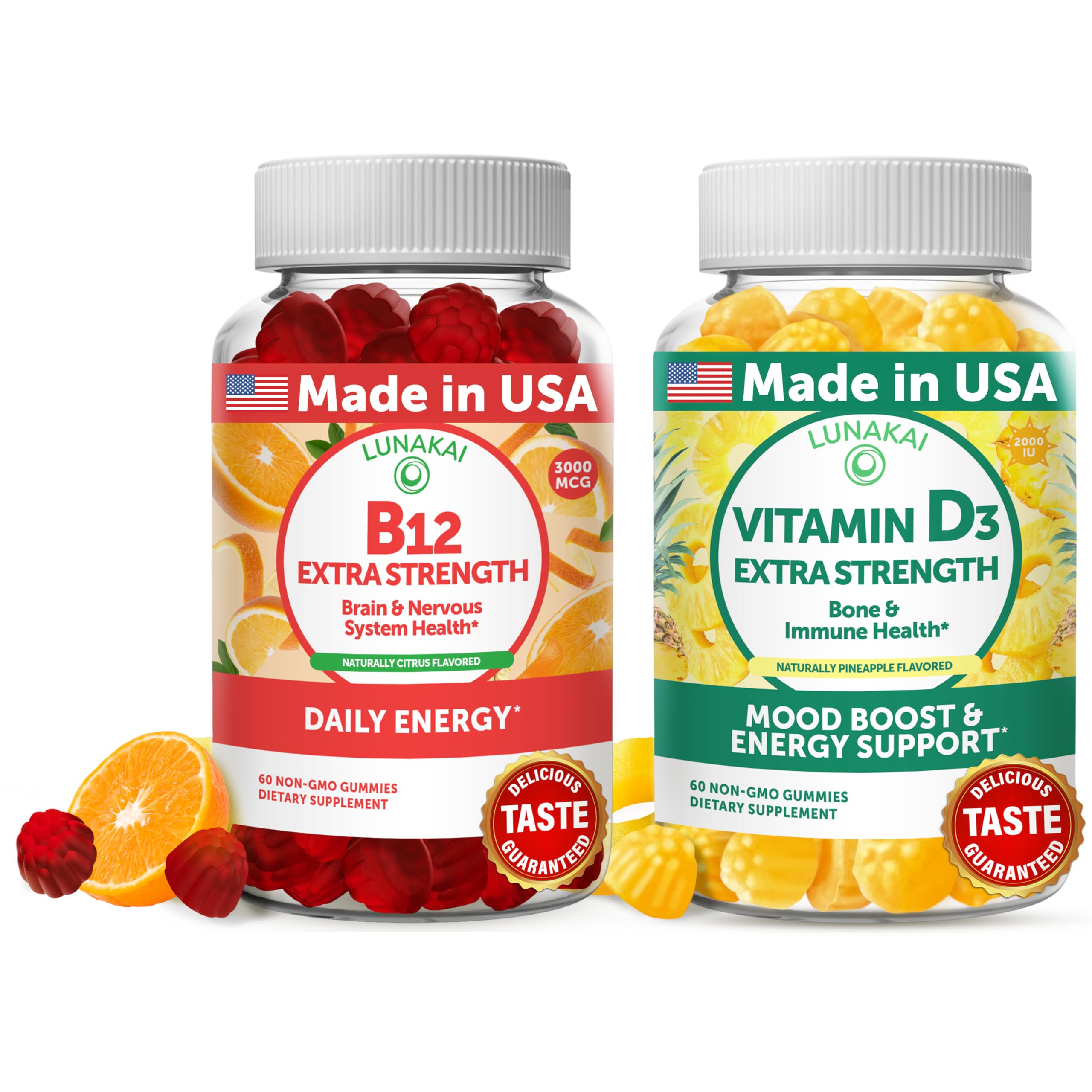 Lunakai B12-D3 gummies bottle demonstrates vegan, gluten-free energy support.