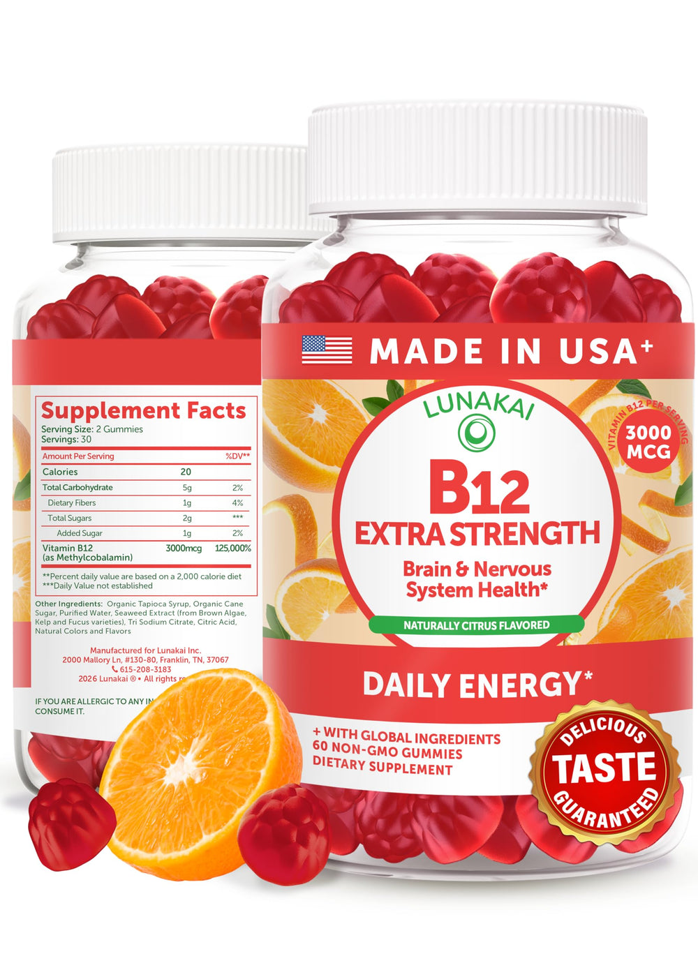 Lunakai B12 gummies bottle front showing 60-count packaging for daily energy.