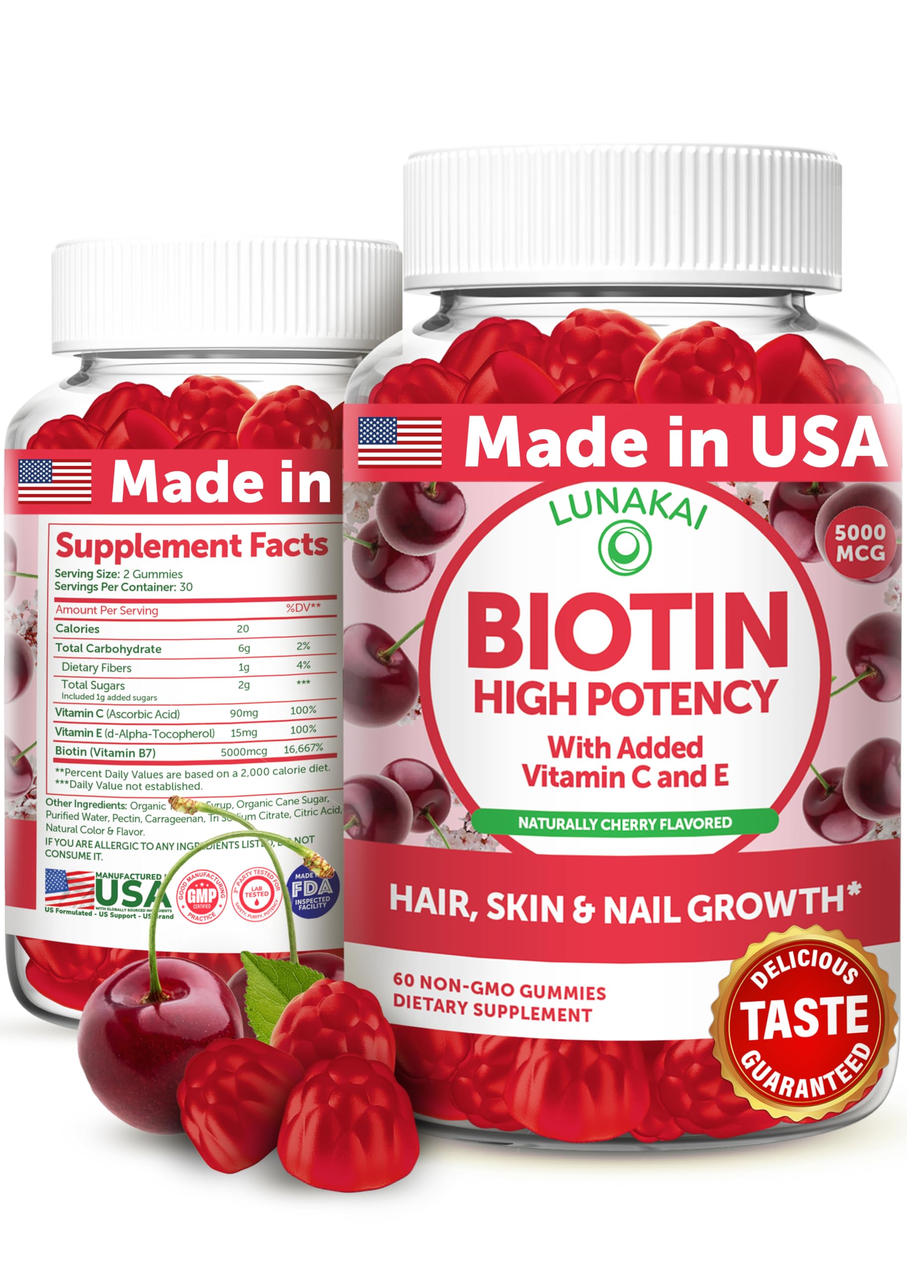 Lunakai biotin gummies bottle offers a 60-count supply for daily beauty support.