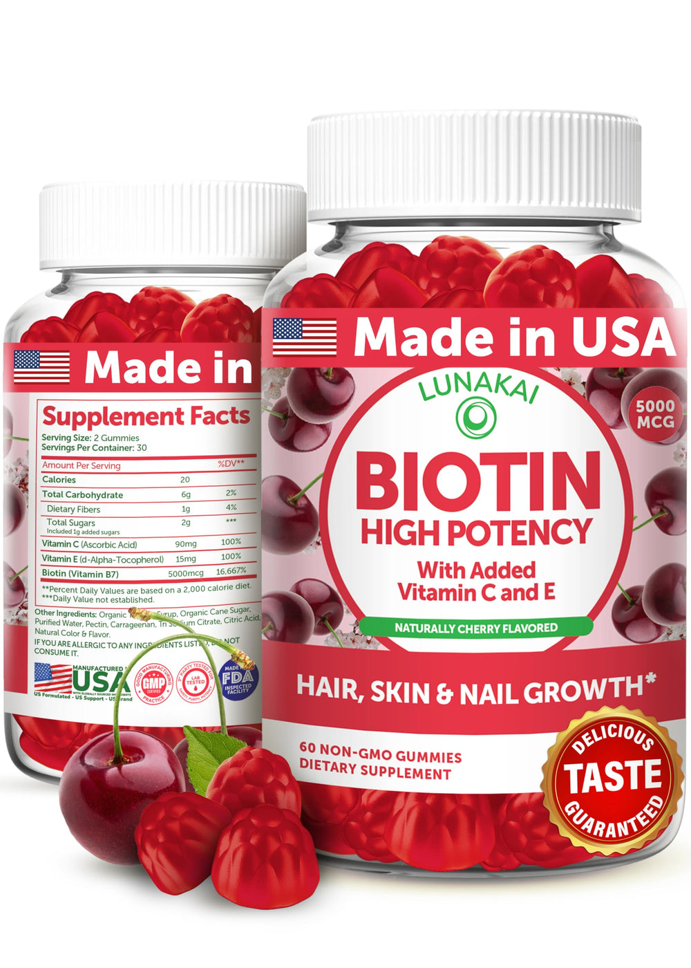 Lunakai biotin gummies bottle offers a 60-count supply for daily beauty support.
