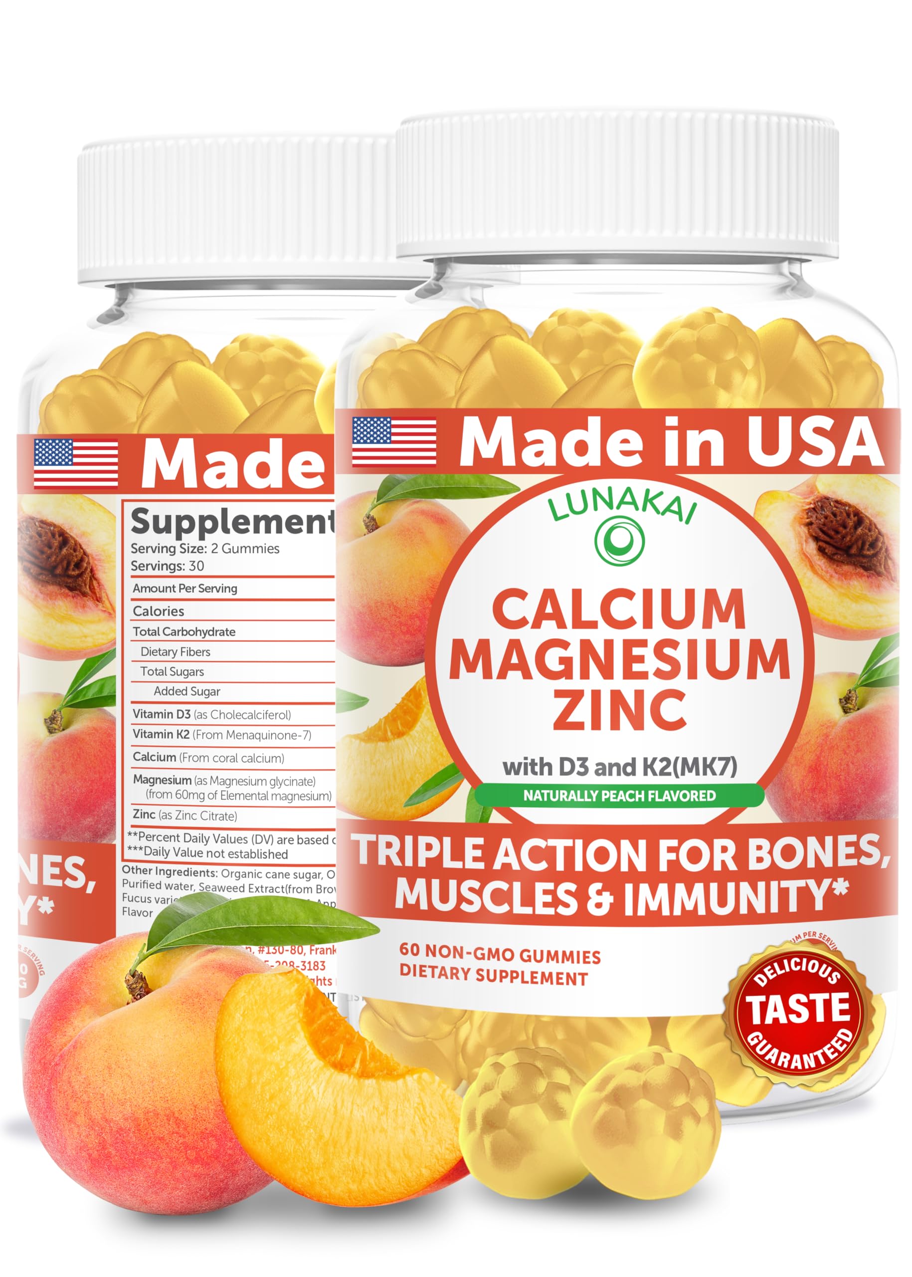 Lunakai bottle front with peach gummies, daily wellness in a tasty form