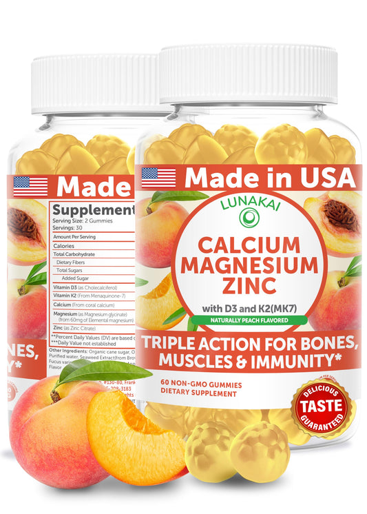 Lunakai bottle front with peach gummies, daily wellness in a tasty form