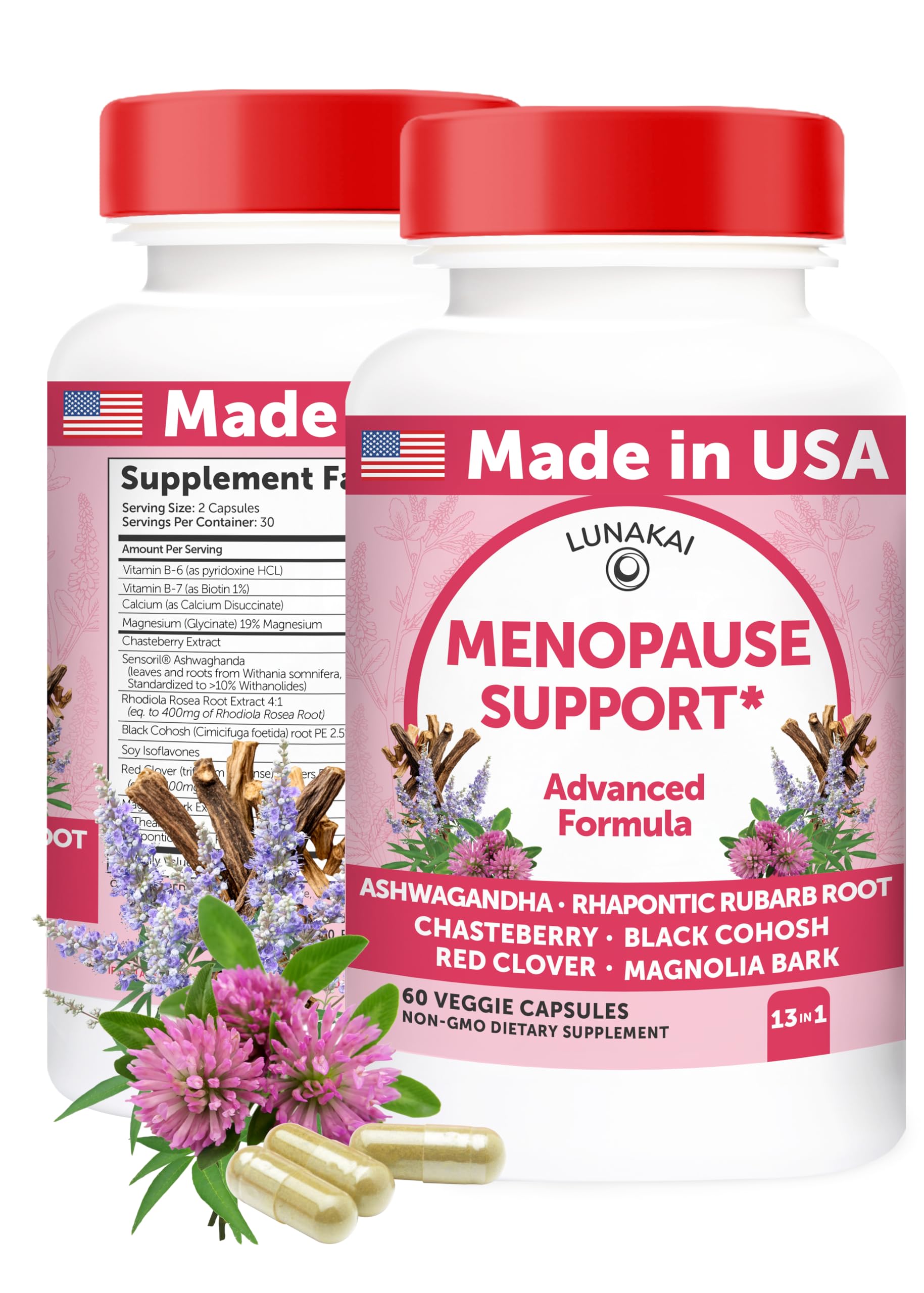 Lunakai bottle front view for menopause support, signaling daily comfort and consistency.