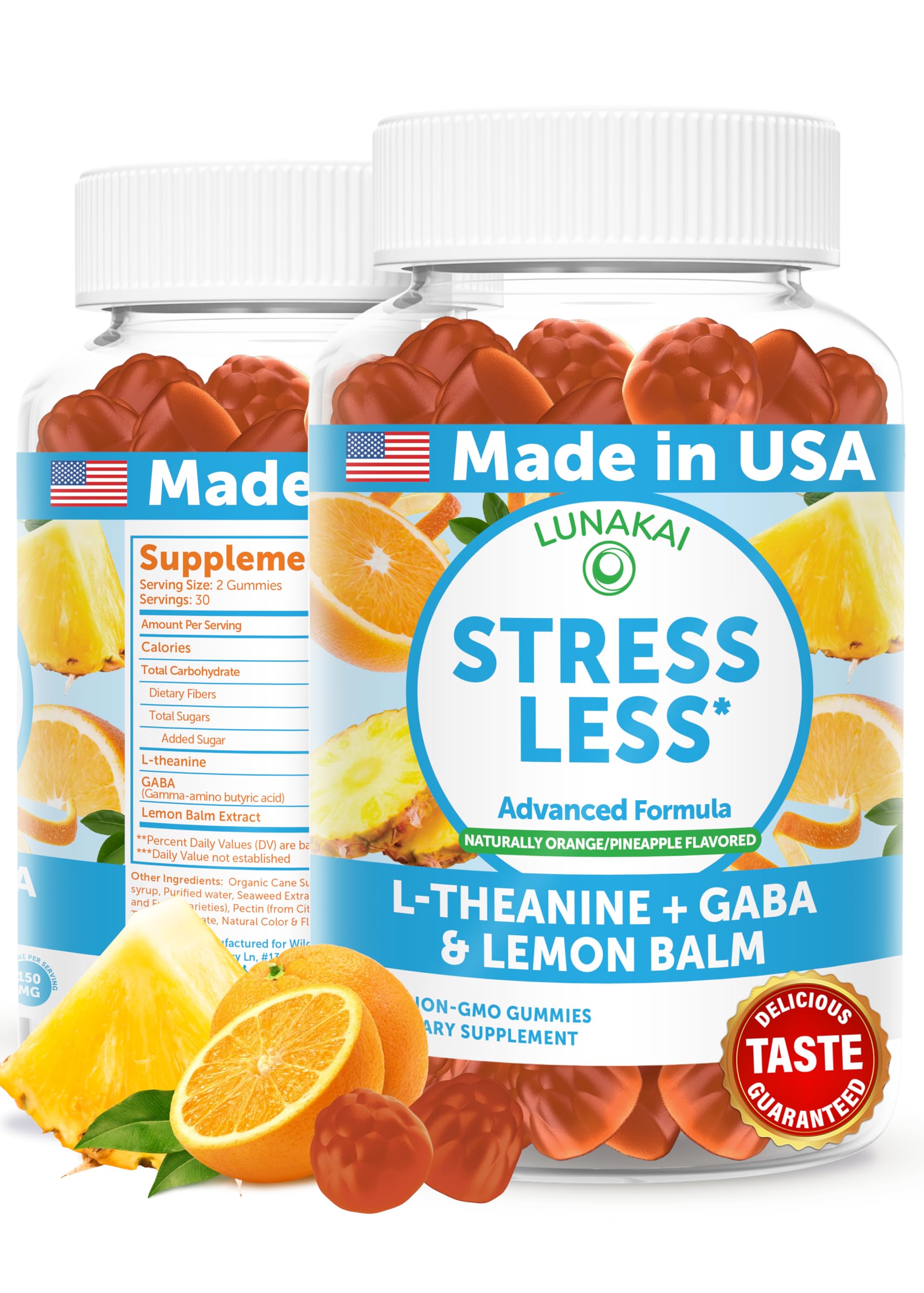 Lunakai Calm Gummies bottle front for daily stress support.