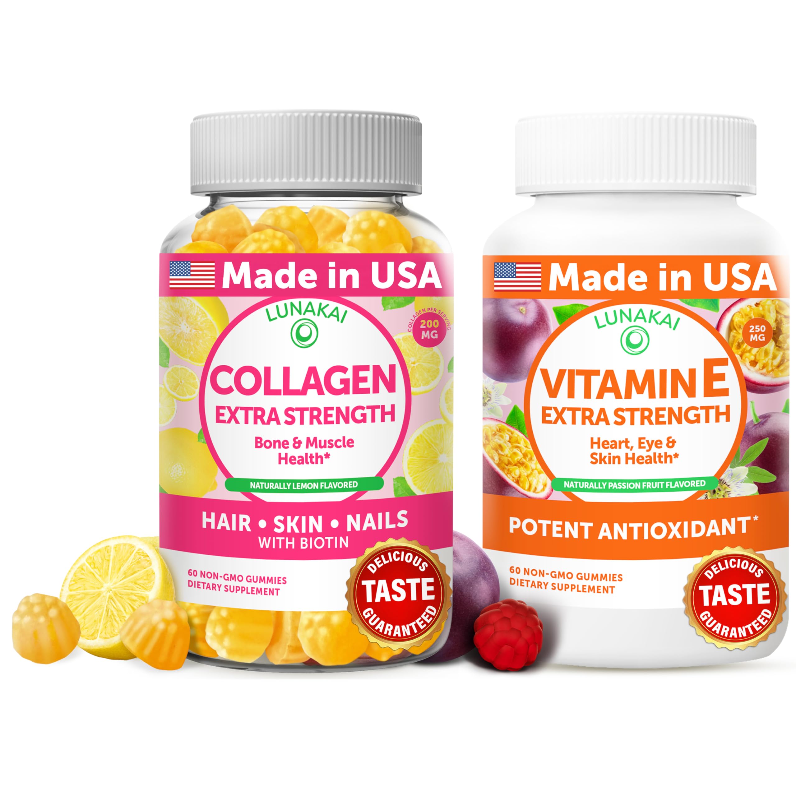 Lunakai collagen gummies bottle front shows packaging designed for skin, nails, and hair support.