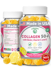 Lunakai collagen gummies lemon bottle highlighting skin elasticity potential