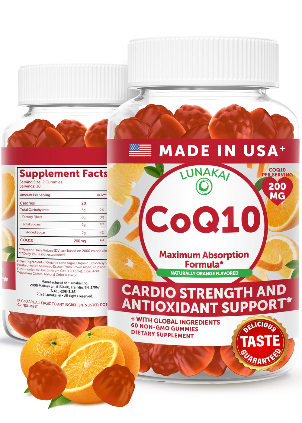 Lunakai CoQ10 Gummies bottle front highlighting 200 mg potency for daily energy